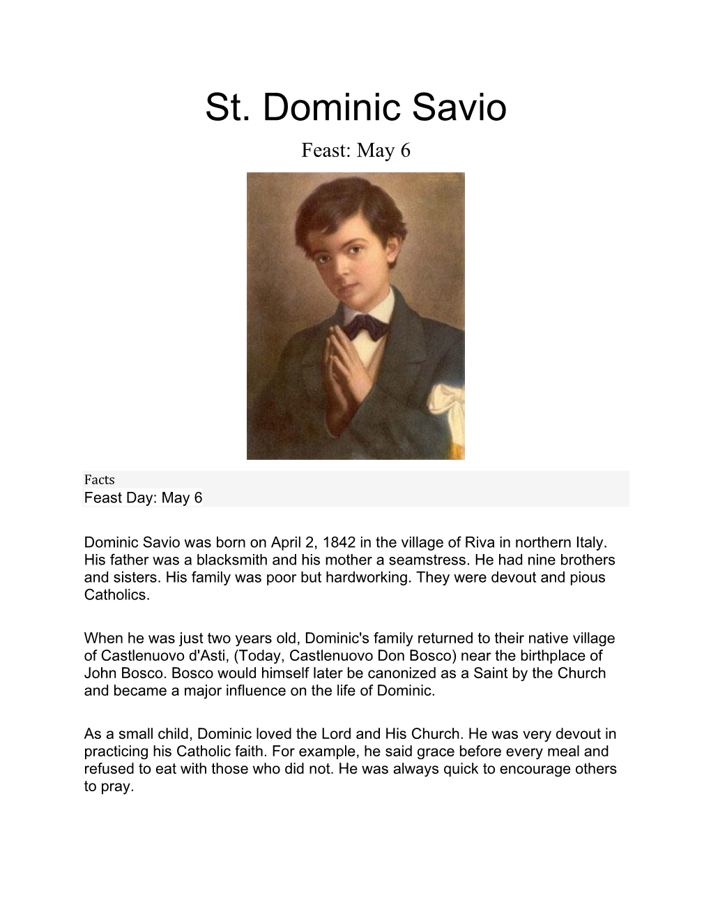 St. Dominic Savio Feast: May 6