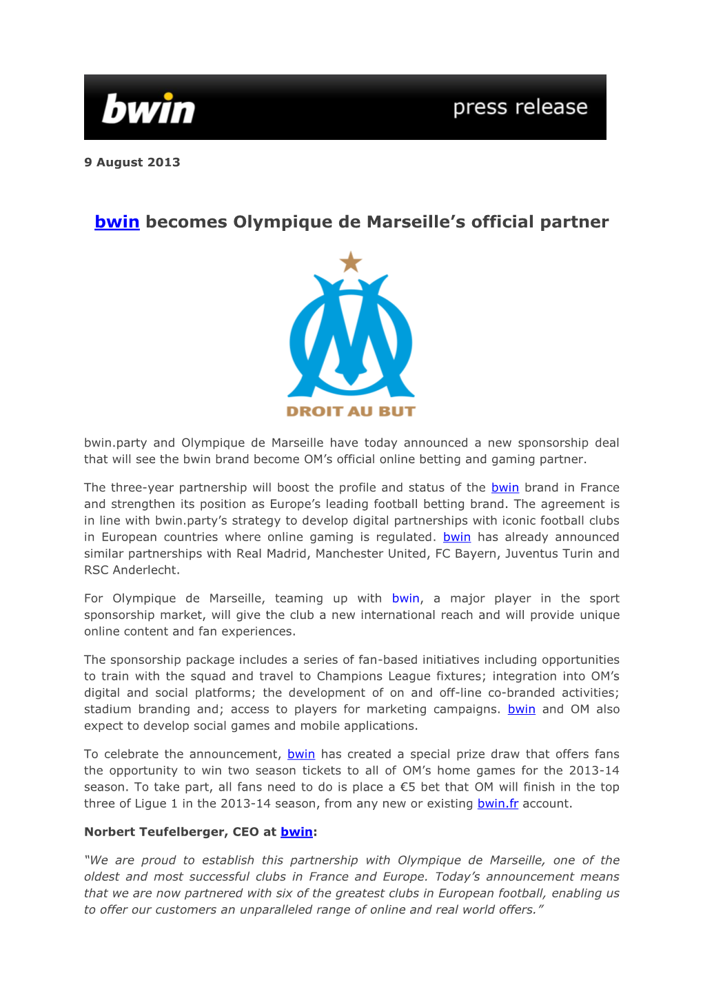 Bwin Becomes Olympique De Marseille's Official Partner