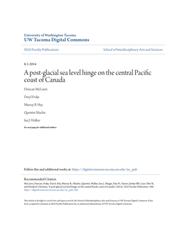 A Post-Glacial Sea Level Hinge on the Central Pacific Coast of Canada Duncan Mclaren