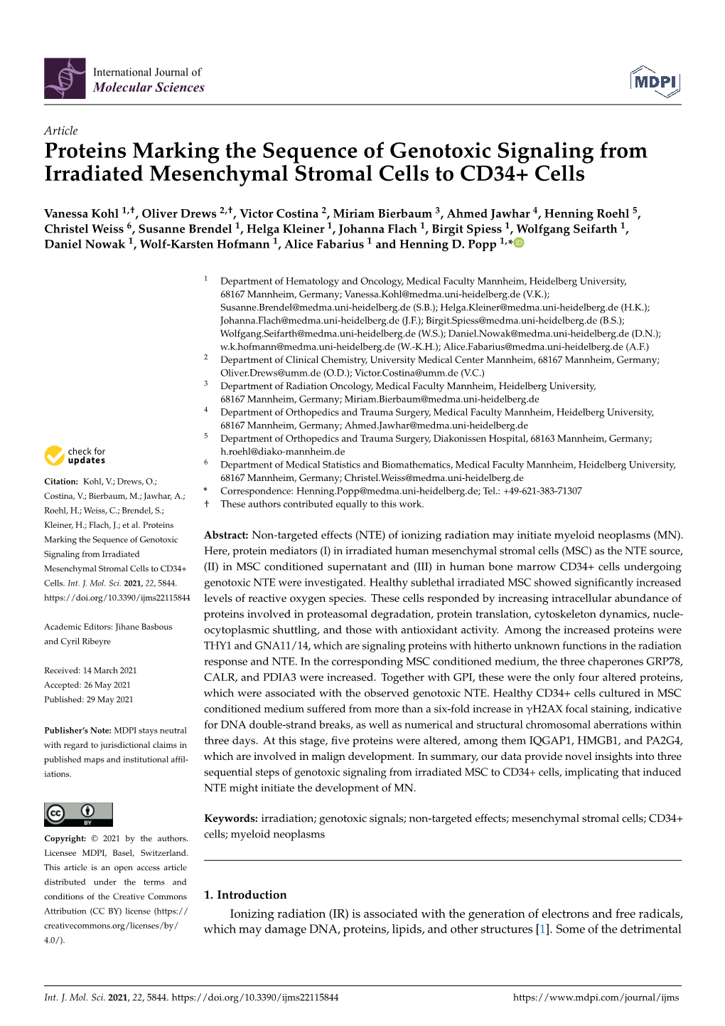 Proteins Marking the Sequence of Genotoxic Signaling from Irradiated Mesenchymal Stromal Cells to CD34+ Cells