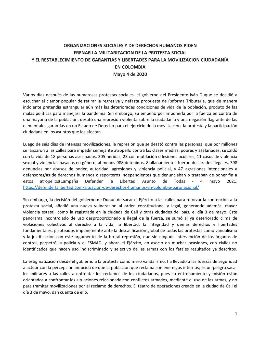 Organizaciones Sociales Y De Derechos Humanos Piden