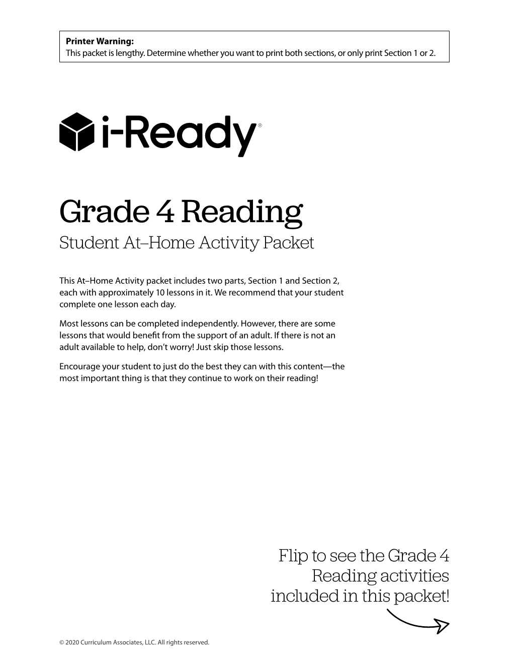 Grade 4 Reading Student At–Home Activity Packet