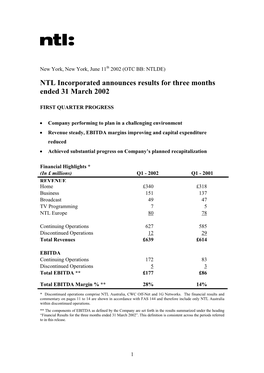 NTL Incorporated Announces Results for Three Months Ended 31 March 2002