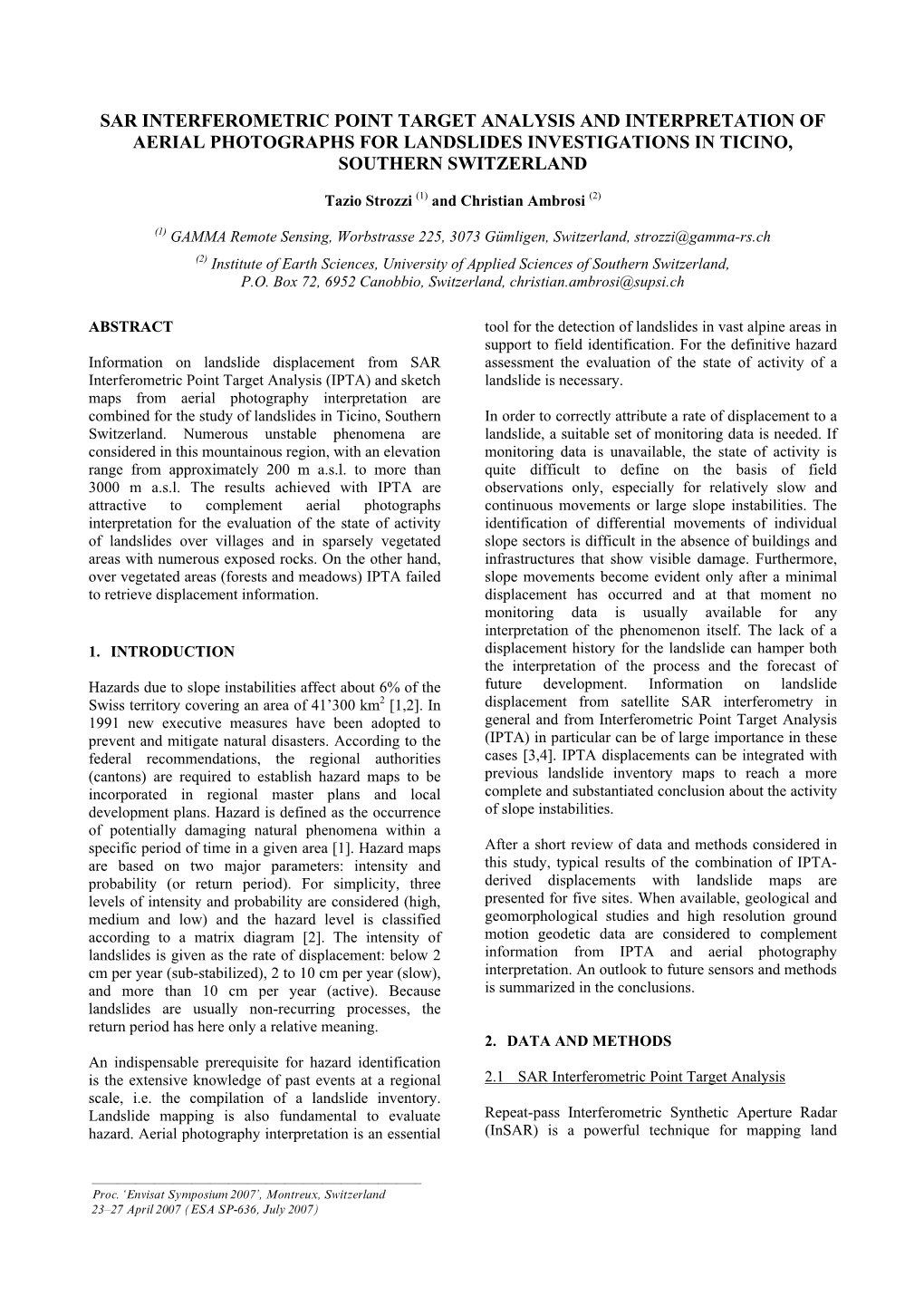 Sar Interferometric Point Target Analysis and Interpretation of Aerial Photographs for Landslides Investigations in Ticino, Southern Switzerland