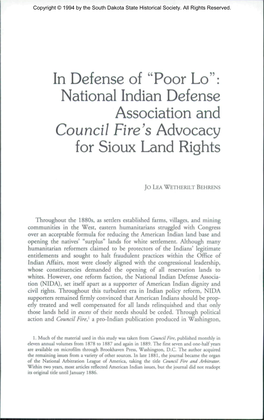 "Poor Lo": National Indian Defense Association and Council Fire's Advocacy for Sioux Land Rights
