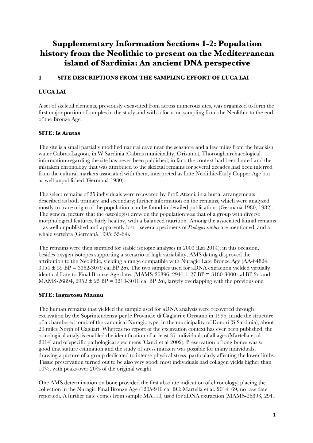 Supplementary Information Sections 1-2: Population History from the Neolithic to Present on the Mediterranean Island of Sardinia: an Ancient DNA Perspective