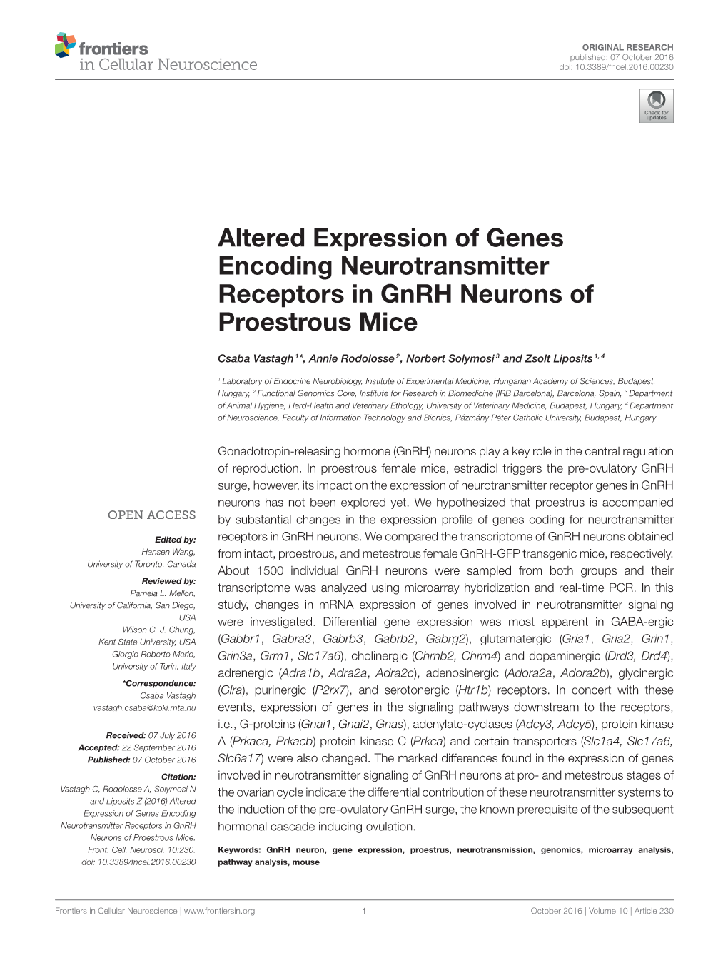 Altered Expression of Genes Encoding Neurotransmitter Receptors in Gnrh Neurons of Proestrous Mice