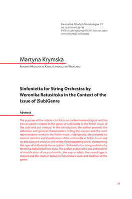 Sinfonietta for String Orchestra by Weronika Ratusińska in the Context of the Issue of (Sub)Genre