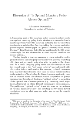 Discussion of "Is Optimal Monetary Policy Always Optimal?"