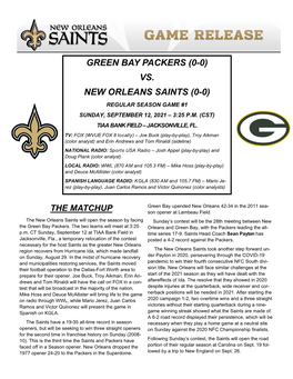 Green Bay Packers (0-0) Vs. New Orleans Saints