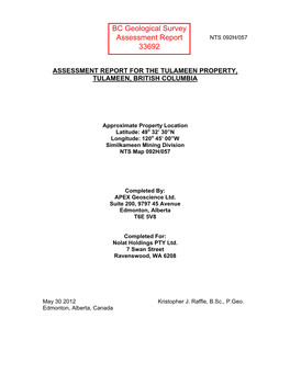 BC Geological Survey Assessment Report 33692