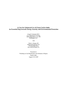 A Case for Enhanced Use of Clean Coal in India: an Essential Step Towards Energy Security and Environmental Protection