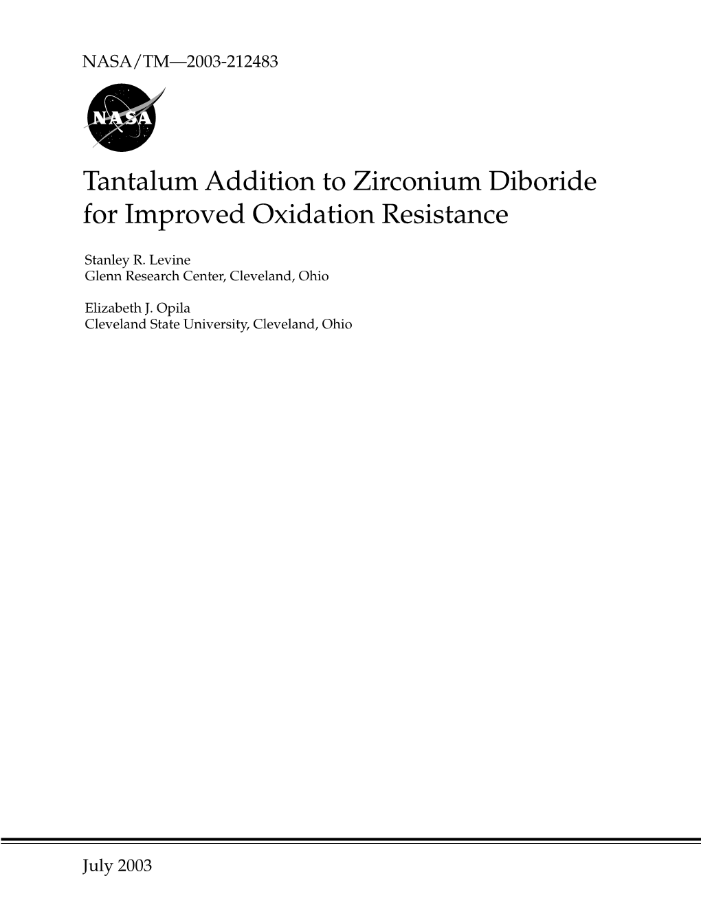 Tantalum Addition to Zirconium Diboride for Improved Oxidation Resistance