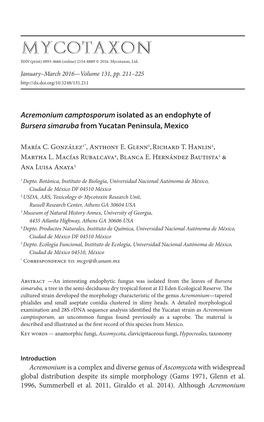 &lt;I&gt;Acremonium Camptosporum&lt;/I&gt; Isolated As an Endophyte Of