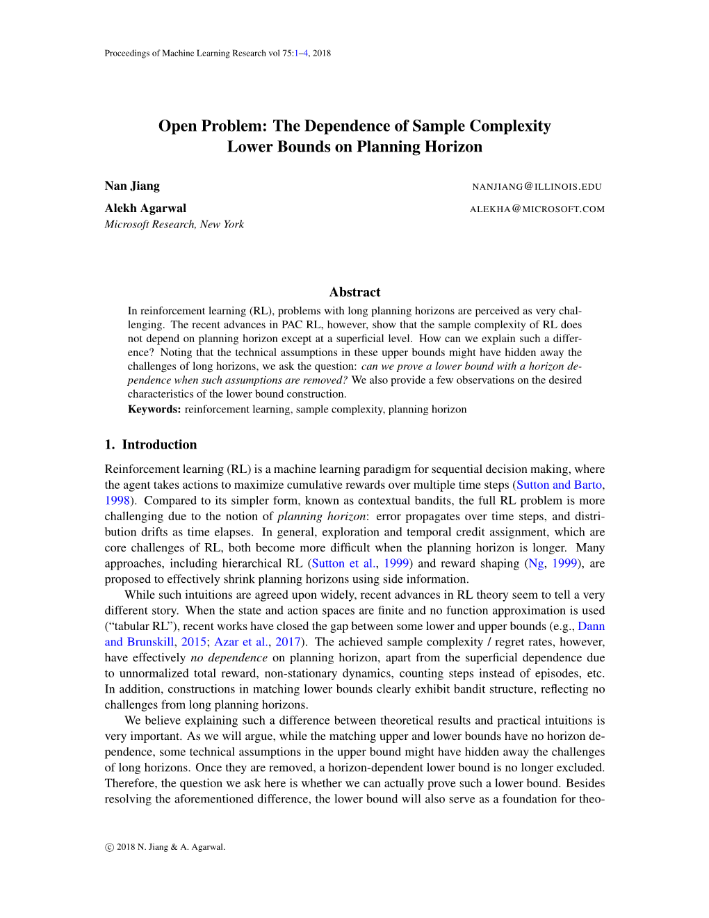 Open Problem: the Dependence of Sample Complexity Lower Bounds on Planning Horizon