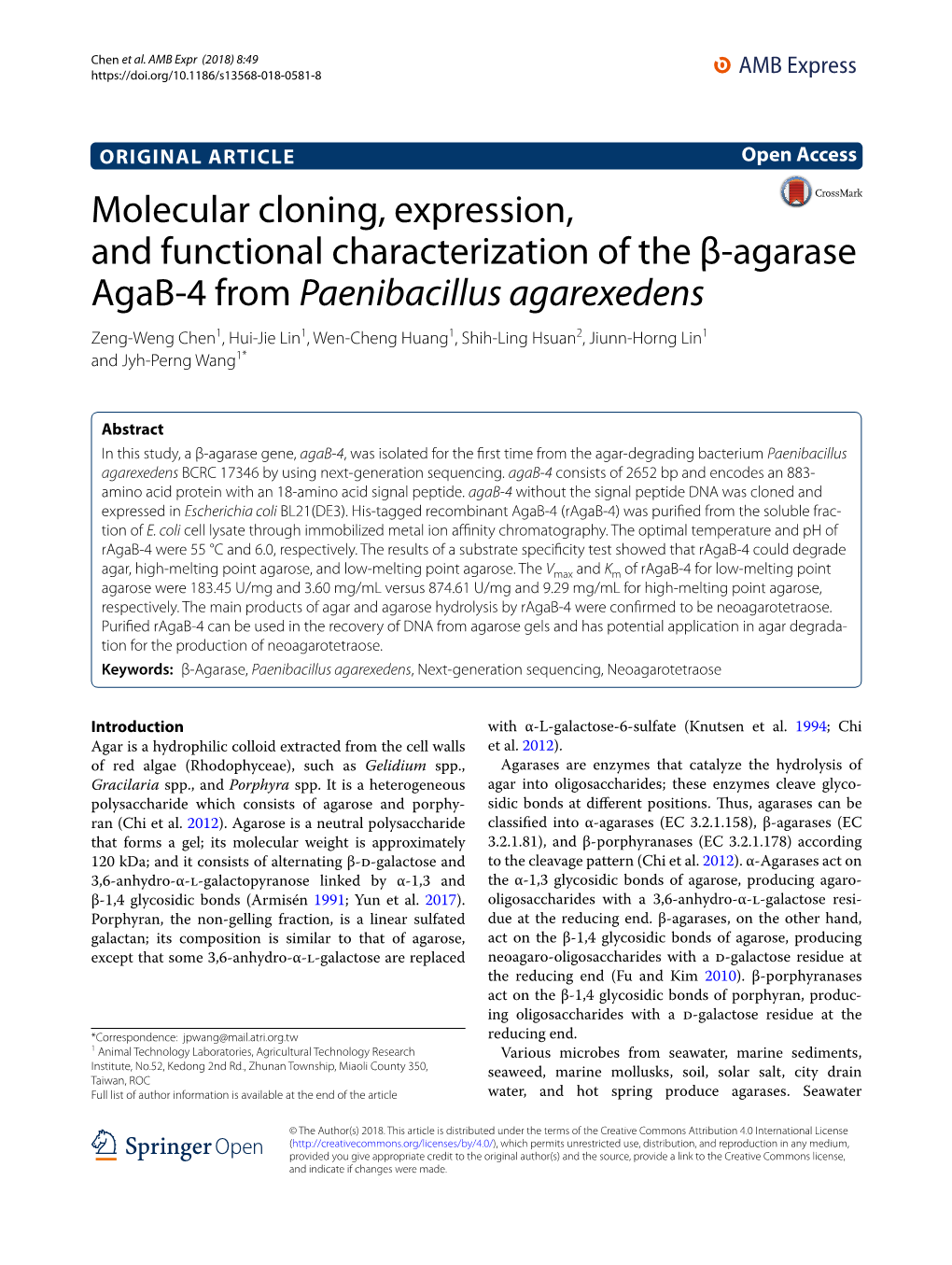 Molecular Cloning, Expression, and Functional Characterization of the Β-Agarase Agab-4 from Paenibacillus Agarexedens