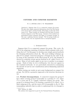 CENTERS and COXETER ELEMENTS 1. Introduction