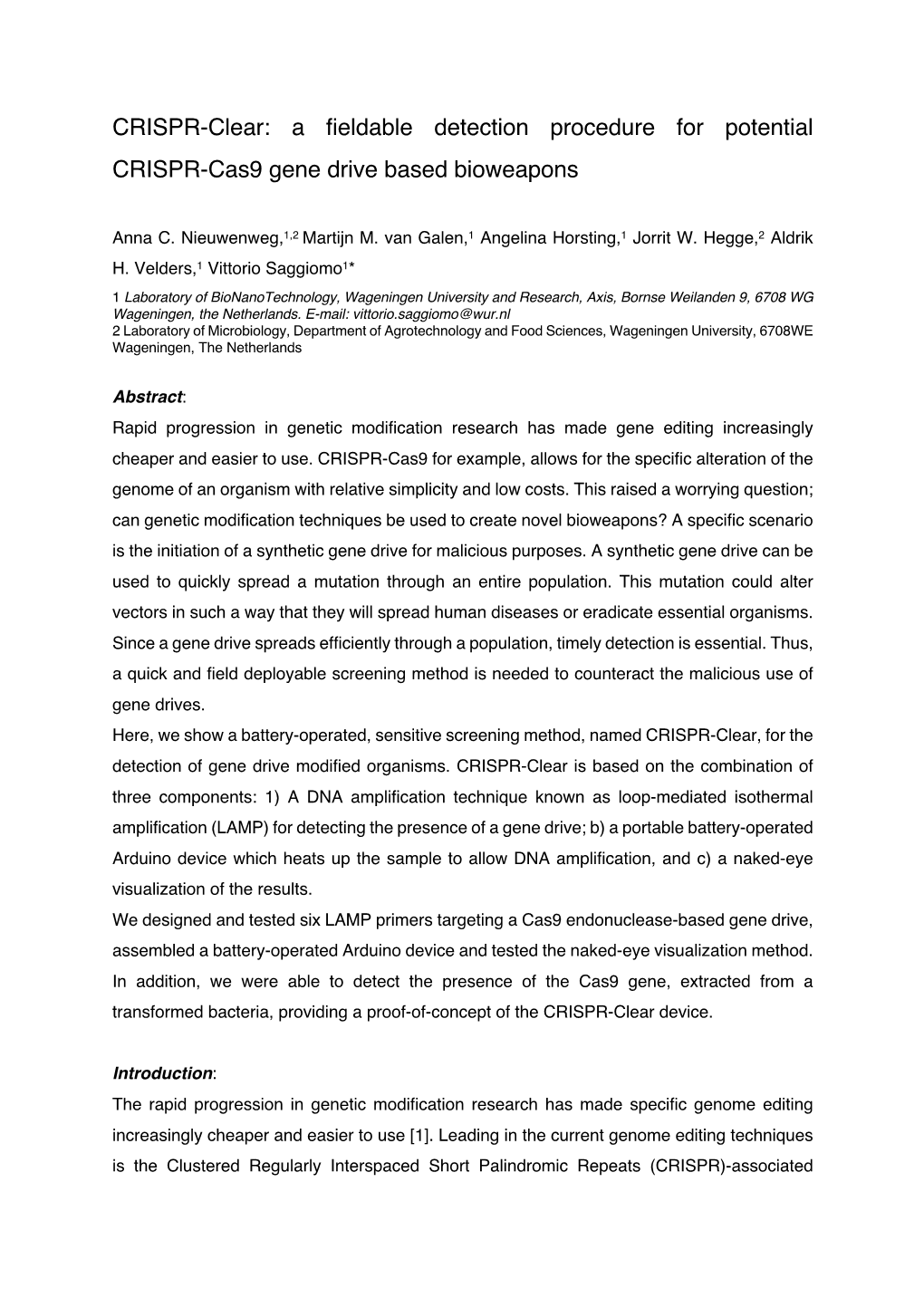 CRISPR-Clear: a Fieldable Detection Procedure for Potential CRISPR-Cas9 Gene Drive Based Bioweapons