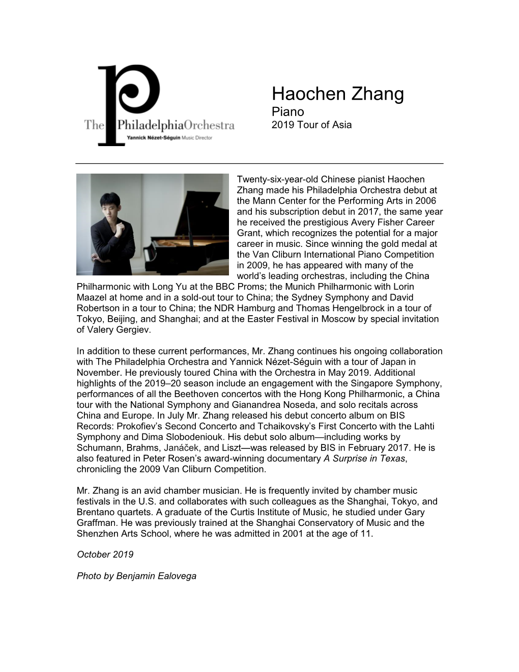 Haochen Zhang Piano 2019 Tour of Asia