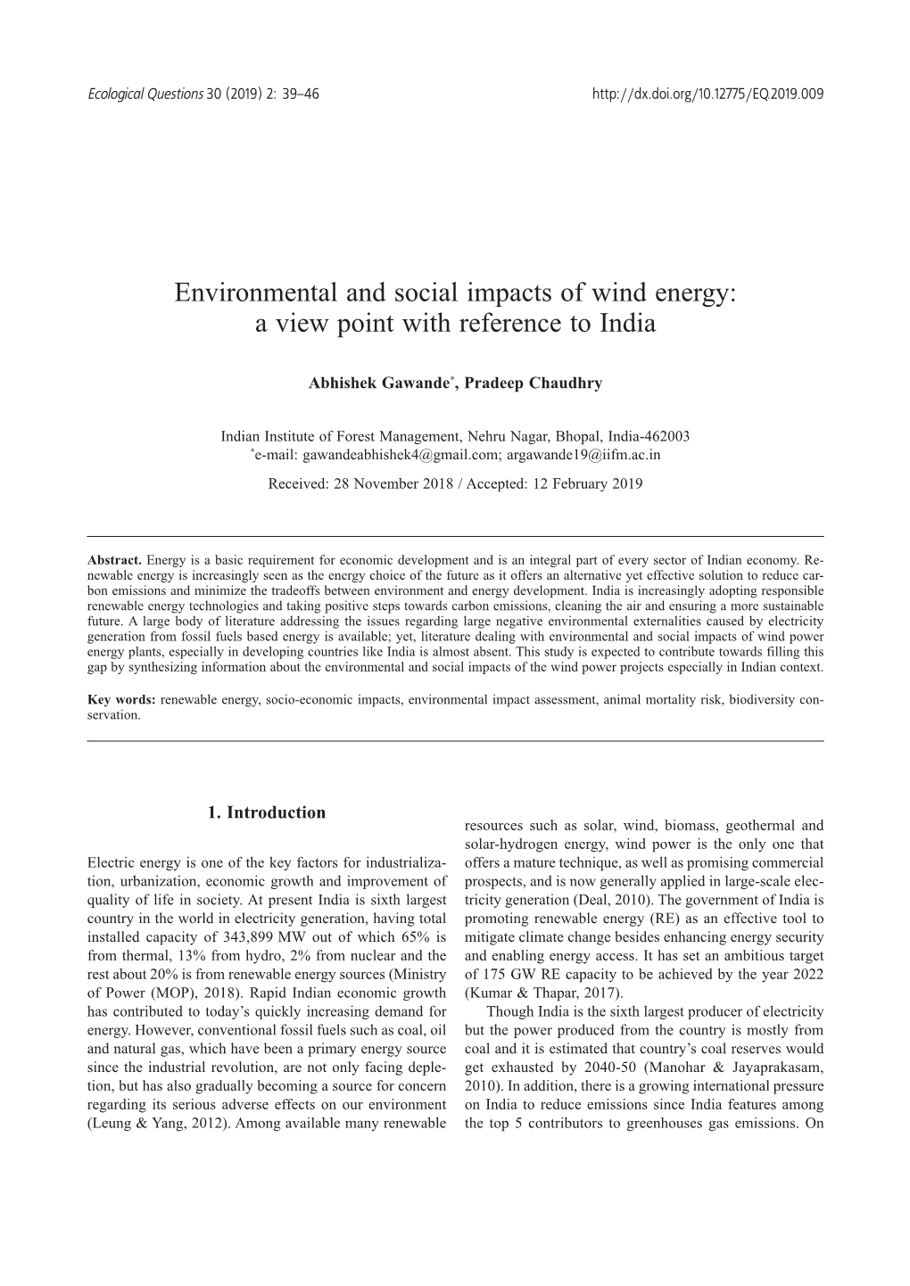 Environmental and Social Impacts of Wind Energy: a View Point with Reference to India