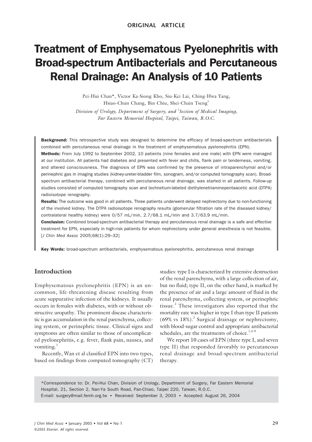 Treatment of Emphysematous Pyelonephritis with Broad-Spectrum Antibacterials and Percutaneous Renal Drainage: an Analysis of 10 Patients