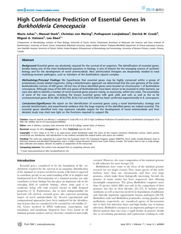 'High Confidence Prediction of Essential Genes in Burkholderia Cenocepacia'