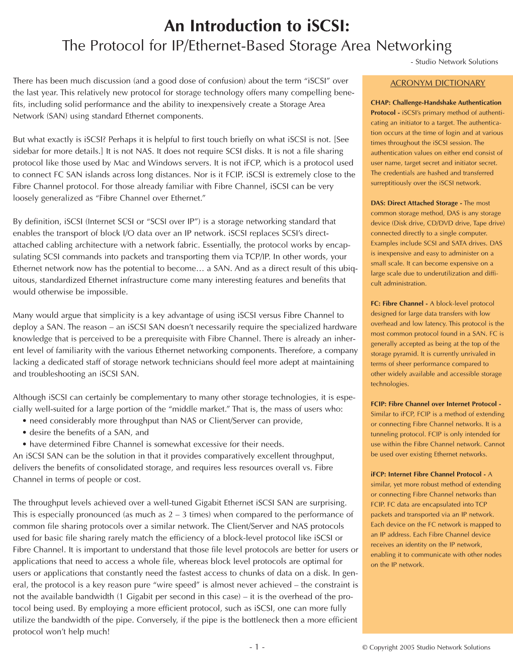 An Introduction to Iscsi: the Protocol for IP/Ethernet-Based Storage Area Networking - Studio Network Solutions