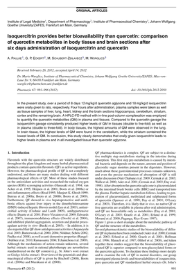 Comparison of Quercetin Metabolites in Body Tissue and Brain Sections After Six Days Administration of Isoquercitrin and Quercetin