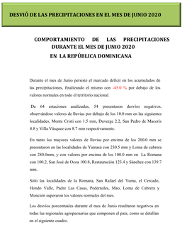 Comportamiento De Las Precipitaciones Durante El Mes De Junio 2020 En La República Dominicana