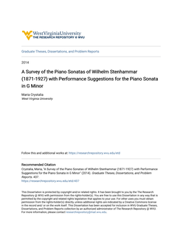 A Survey of the Piano Sonatas of Wilhelm Stenhammar (1871-1927) with Performance Suggestions for the Piano Sonata in G Minor