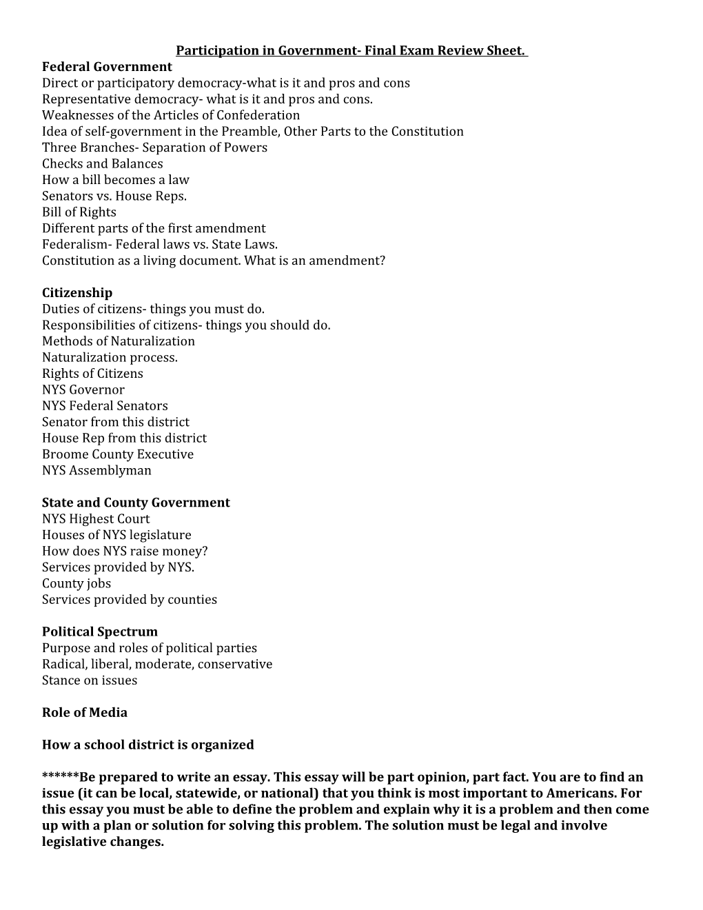 Participation in Government- Final Exam Review Sheet