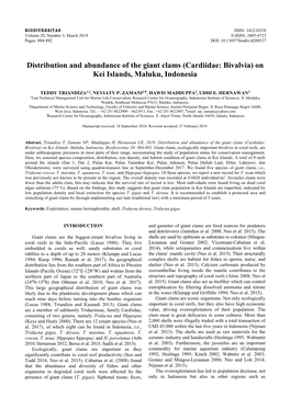 Distribution and Abundance of the Giant Clams (Cardiidae: Bivalvia) on Kei Islands, Maluku, Indonesia
