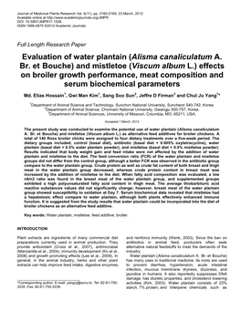 Evaluation of Water Plantain (Alisma Canaliculatum A. Br. Et Bouche) And