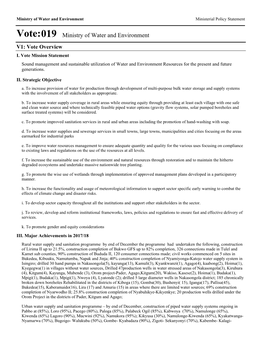 Vote:019 Ministry of Water and Environment V1: Vote Overview I