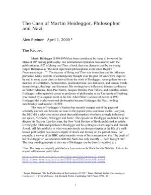 The Case of Martin Heidegger, Philosopher and Nazi