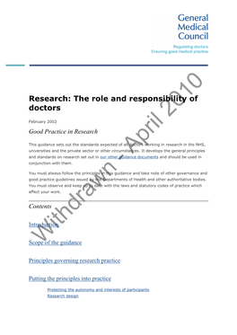 GMC Guidance: Research: the Role and Responsibility of Doctors (2002