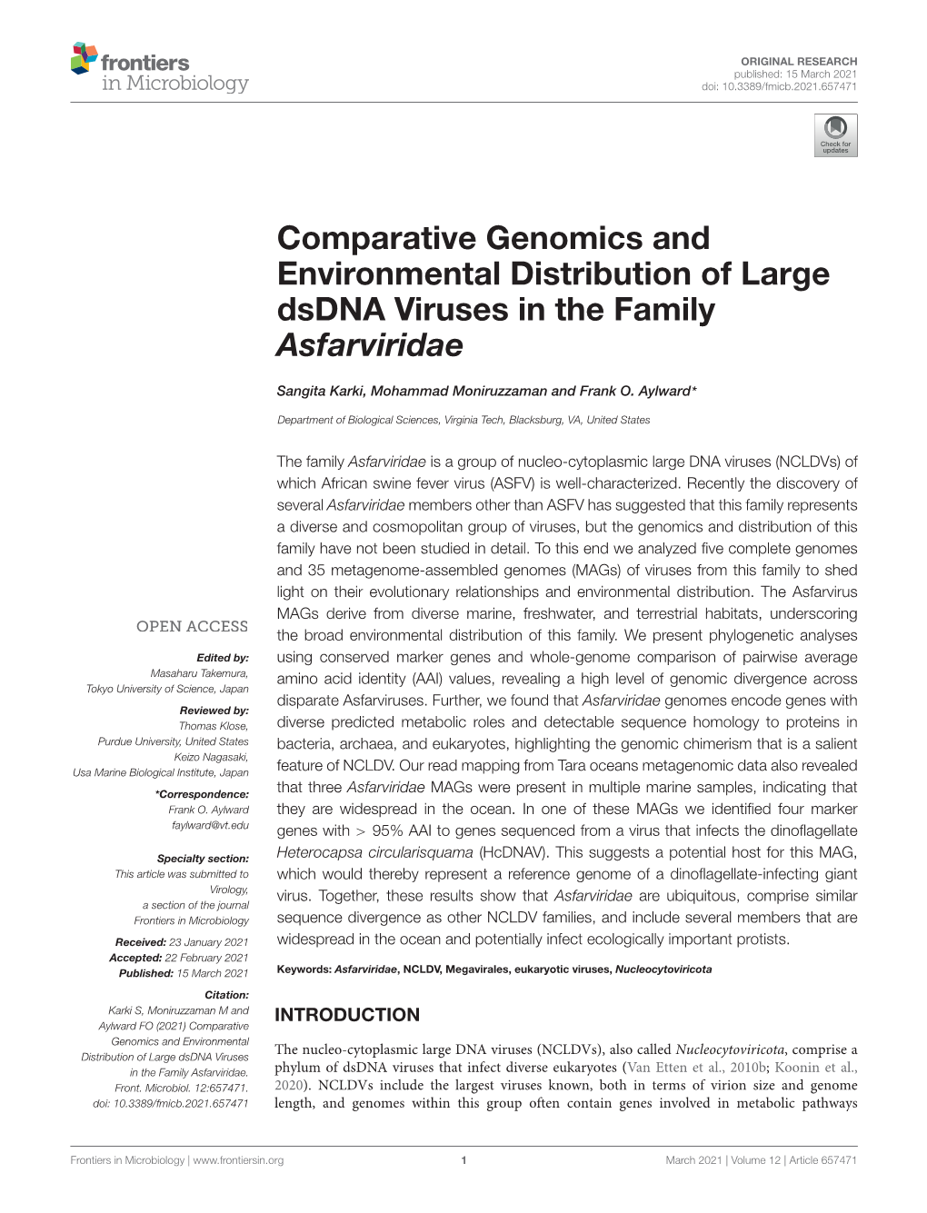 Comparative Genomics and Environmental Distribution of Large Dsdna Viruses in the Family Asfarviridae