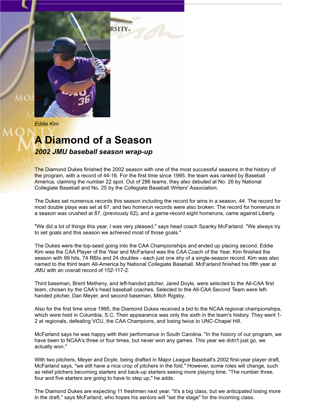 A Diamond of a Season 2002 JMU Baseball Season Wrap-Up
