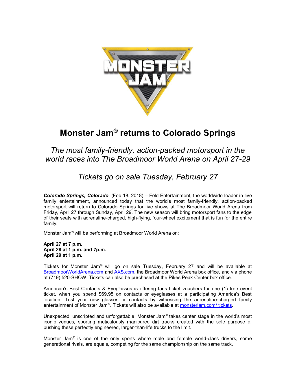 Monster Jam® Returns to Colorado Springs