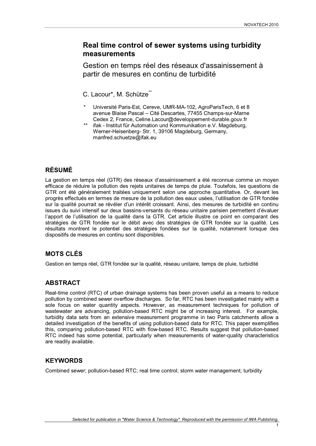 Real Time Control of Sewer Systems Using Turbidity Measurements Gestion En Temps Réel Des Réseaux D'assainissement À Partir De Mesures En Continu De Turbidité