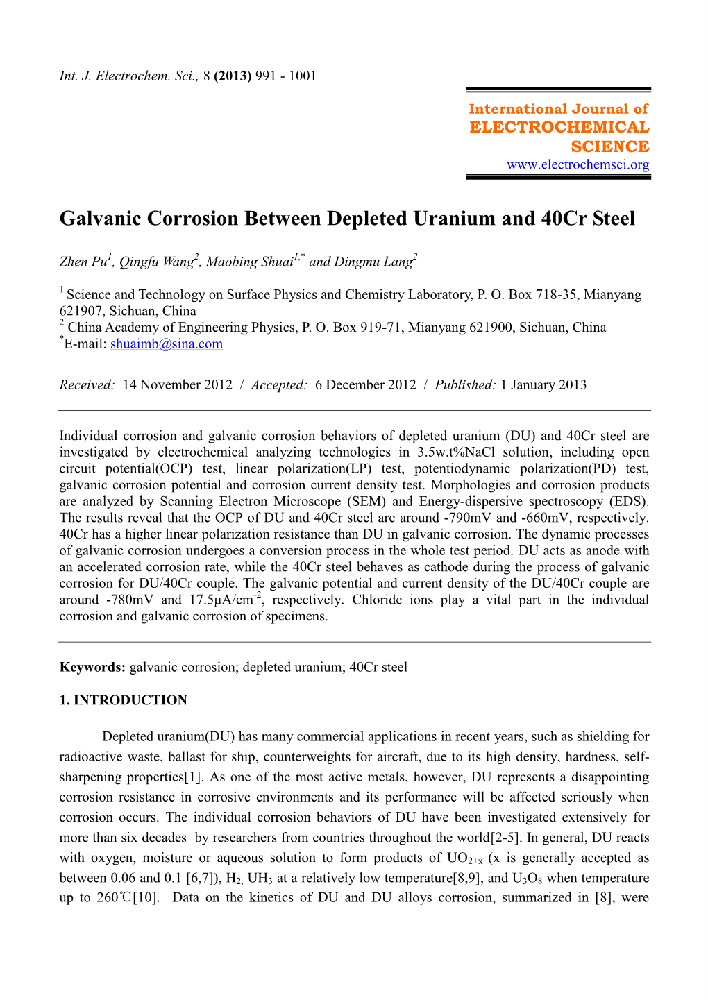 Galvanic Corrosion Between Depleted Uranium and 40Cr Steel