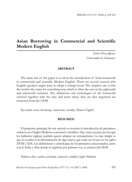 Asian Borrowing in Commercial and Scientific Modern English Elvira Pérez Iglesias Universidad De Salamanca