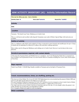 ABW ACTIVITY INVENTORY (AI) - Activity Information Record