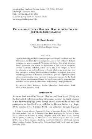Palestinian Lives Matter: Racialising Israeli Settler-Colonialism
