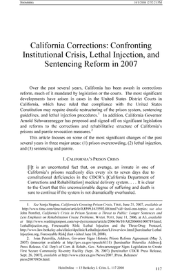 California Corrections: Confronting Institutional Crisis, Lethal Injection, and Sentencing Reform in 2007