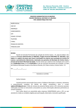 Processo Administrativo Nº 068/2021 Pregão Presencial Srp/Pmcc Nº