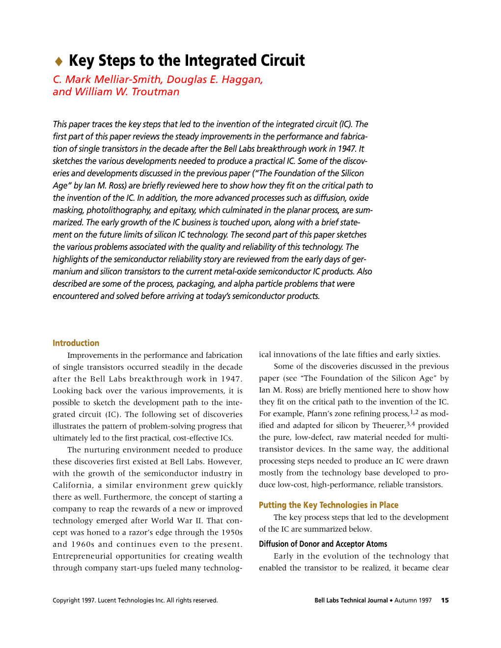 Key Steps to the Integrated Circuit- Autumn 1997