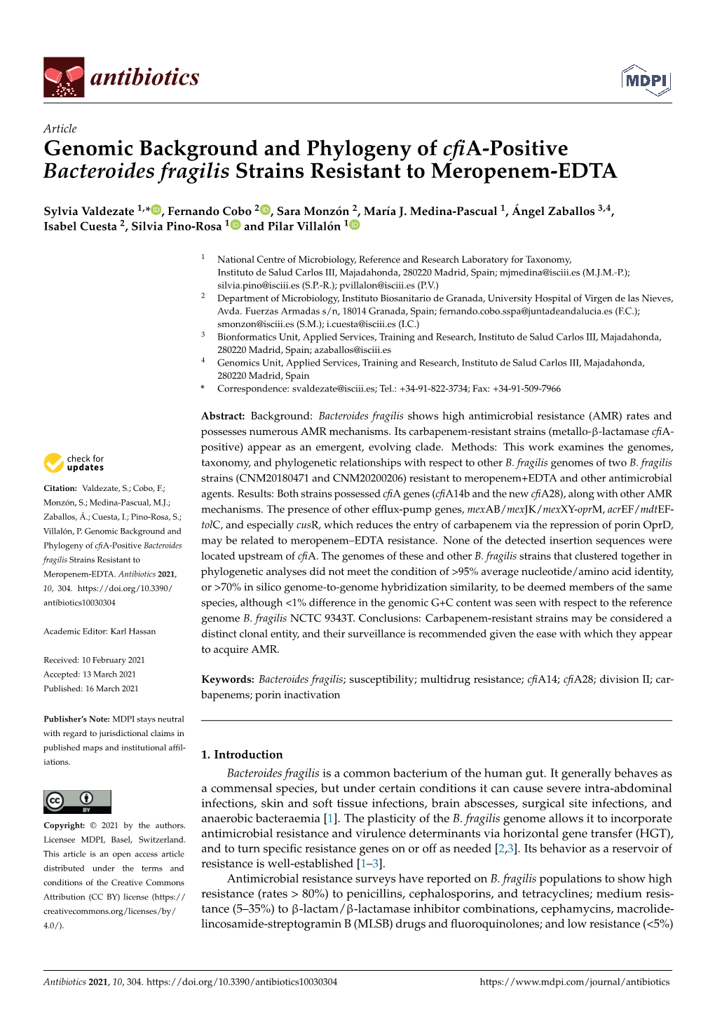 Genomic Background and Phylogeny of Cfia-Positive Bacteroides Fragilis