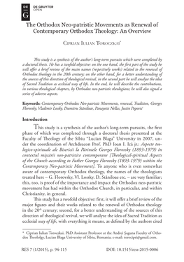 The Orthodox Neo-Patristic Movements As Renewal of Contemporary Orthodox Theology: an Overview