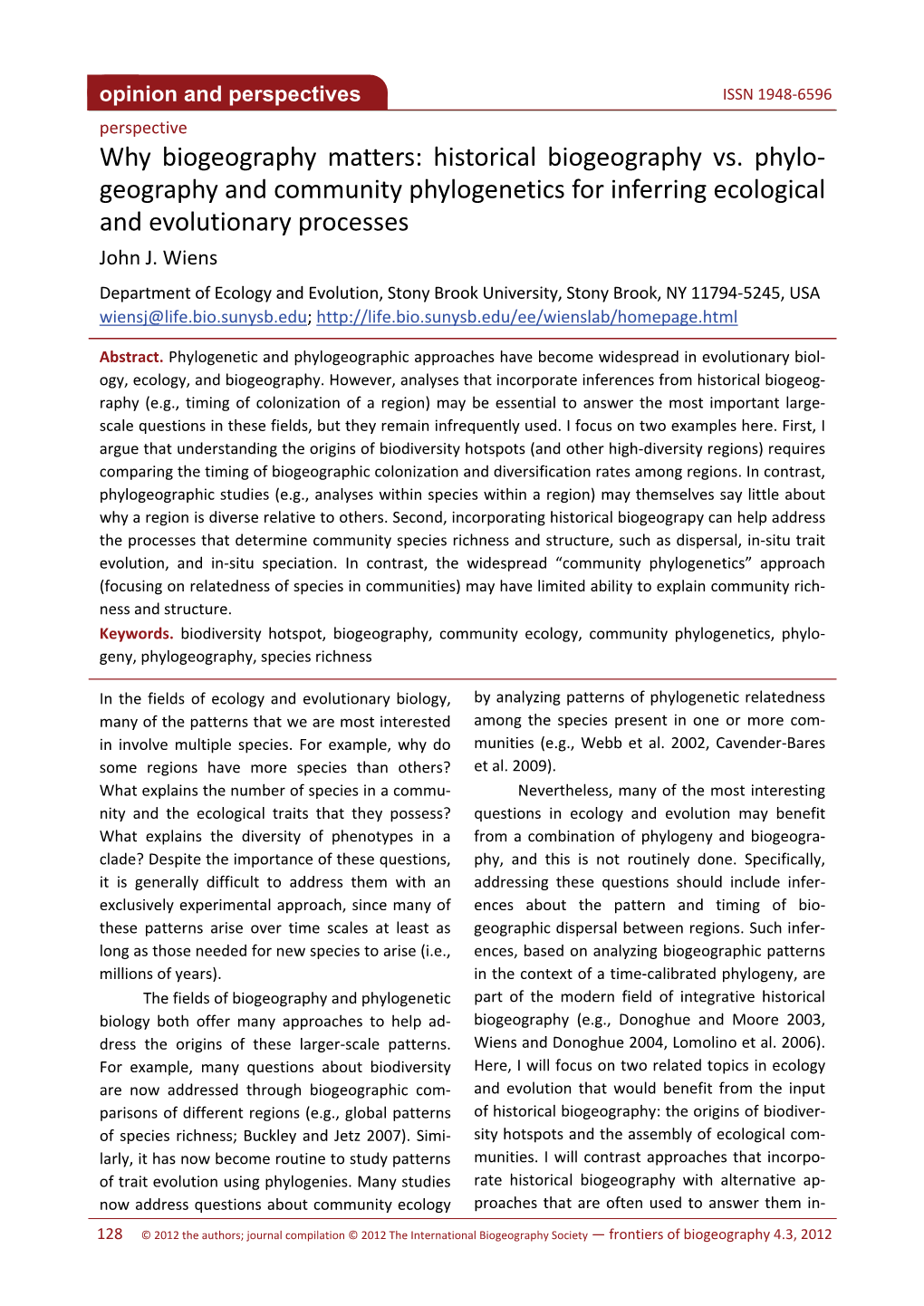 Historical Biogeography Vs. Phylo- Geography And